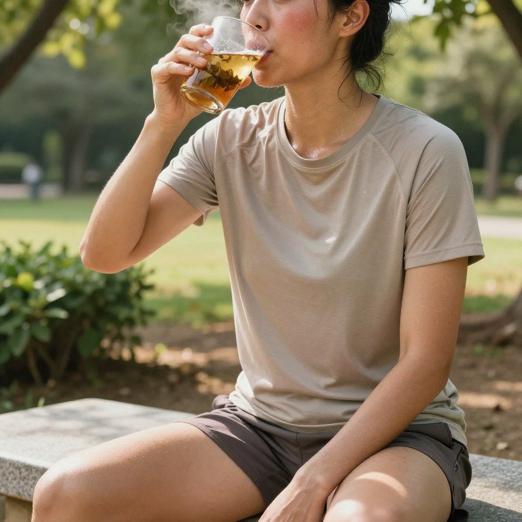 Mujer sentada en un banco de un parque, bebiendo una bebida humeante de un vaso.