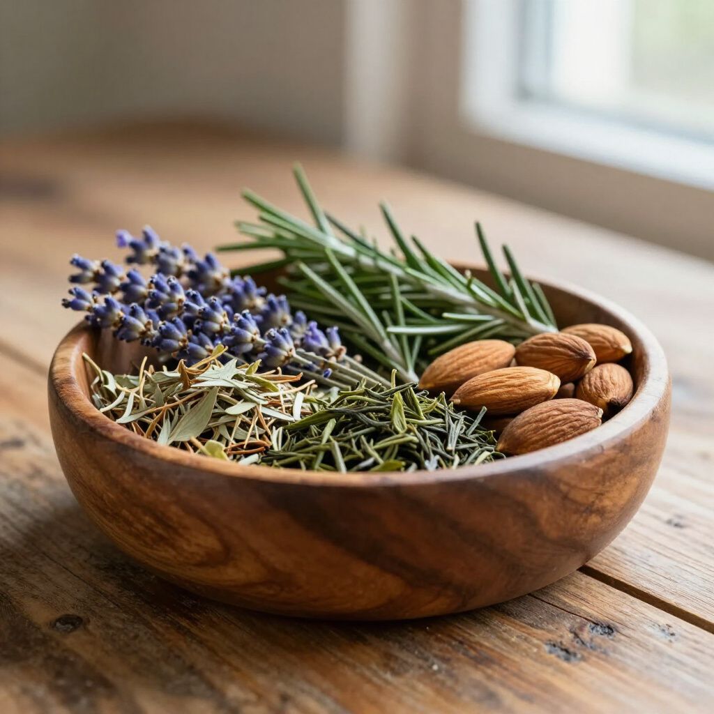 Cuenco de madera lleno de lavanda, romero, hierbas y almendras, sobre una superficie de madera.