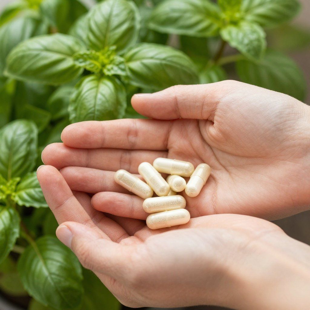 Manos sosteniendo varias cápsulas blancas, planta de albahaca al fondo.