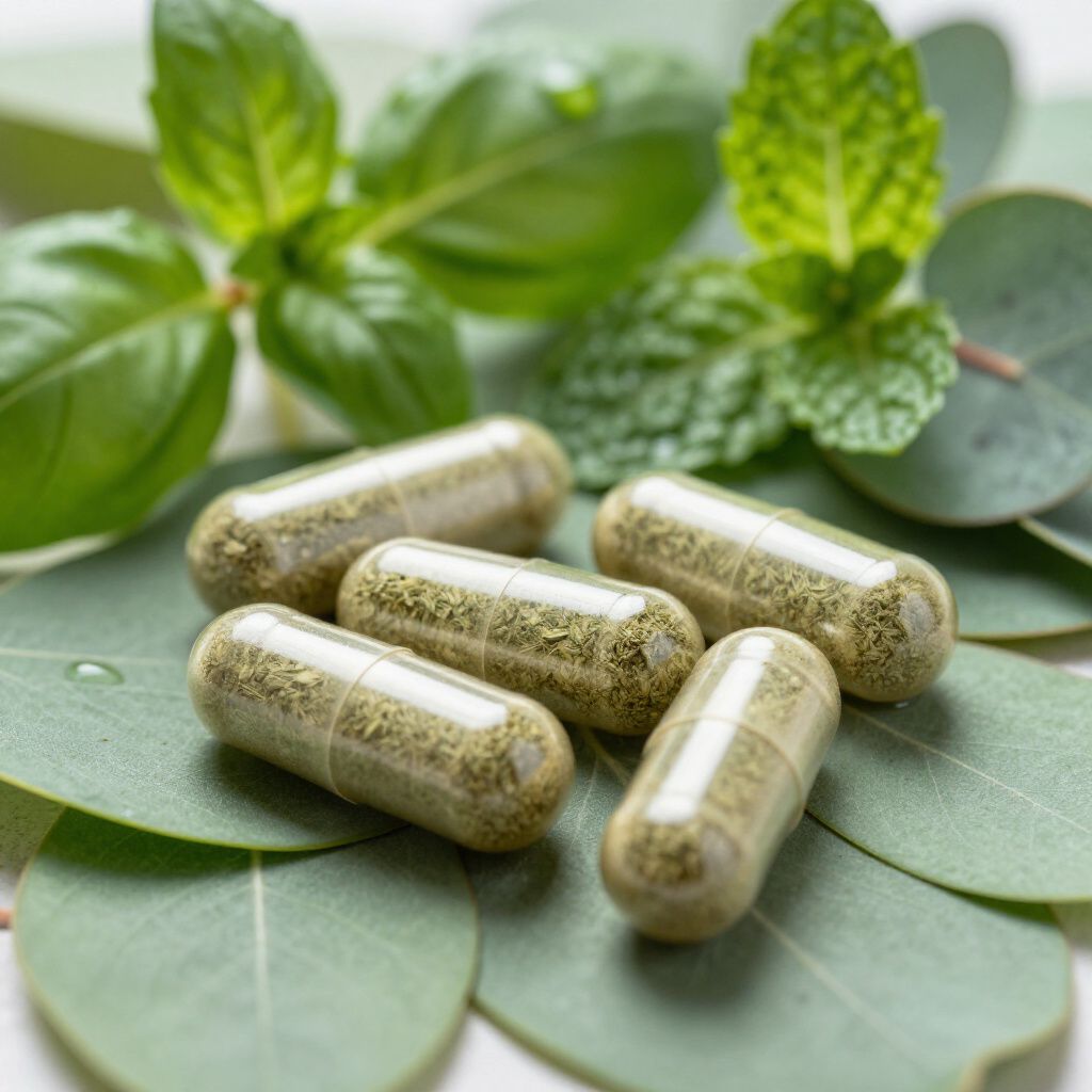 Cinco cápsulas verdes sobre hojas de eucalipto, con ramitas de albahaca y menta al fondo.