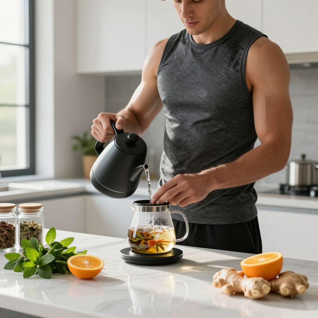 Un hombre con una camiseta sin mangas vierte agua de una tetera negra en una tetera de vidrio con ingredientes para té en una cocina.