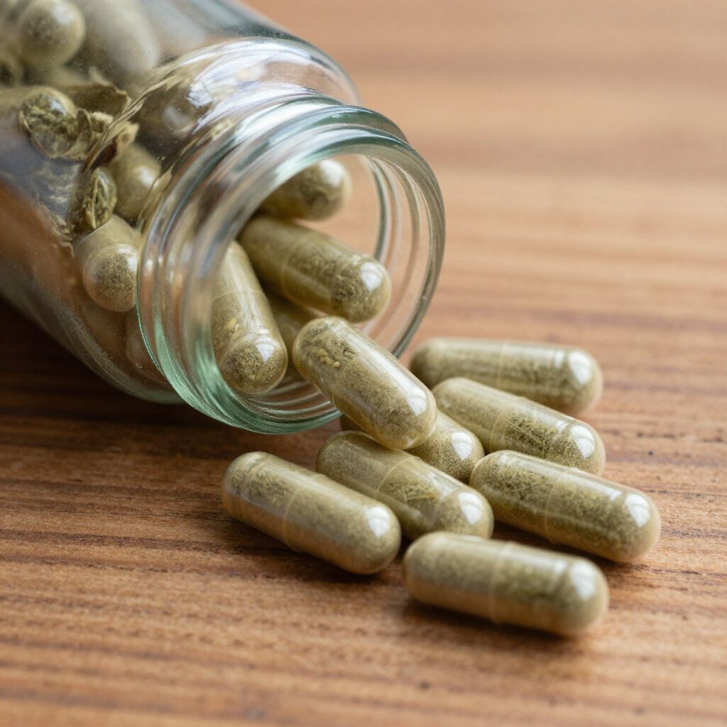 Tarro de vidrio con cápsulas verdes derramadas sobre una superficie de madera.