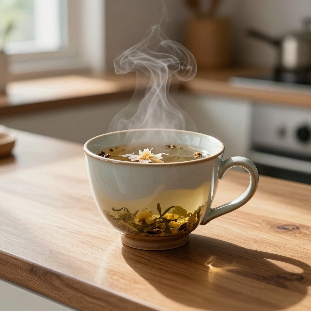 Taza de té humeante con flores sobre una encimera de cocina de madera.