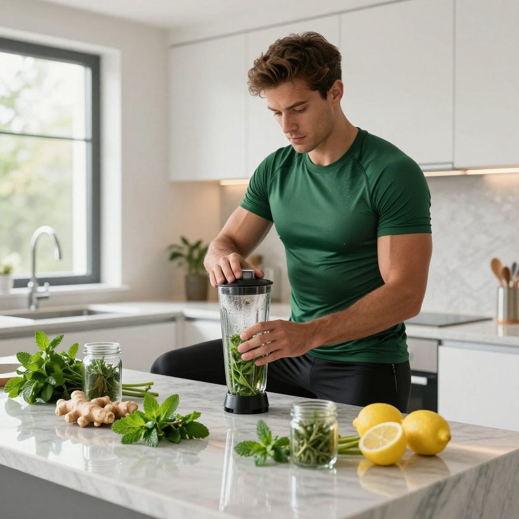 Un hombre con camisa verde prepara un batido en una cocina, rodeado de limones, hierbas y jengibre.