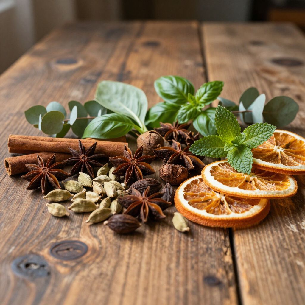 Variedad de especias: ramas de canela, anís estrellado, cardamomo, rodajas de naranja secas, hierbas sobre madera.