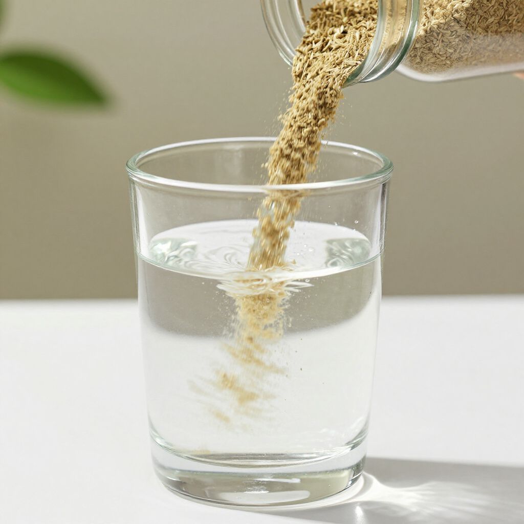 Suplemento en polvo que se vierte desde un frasco en un vaso de agua.