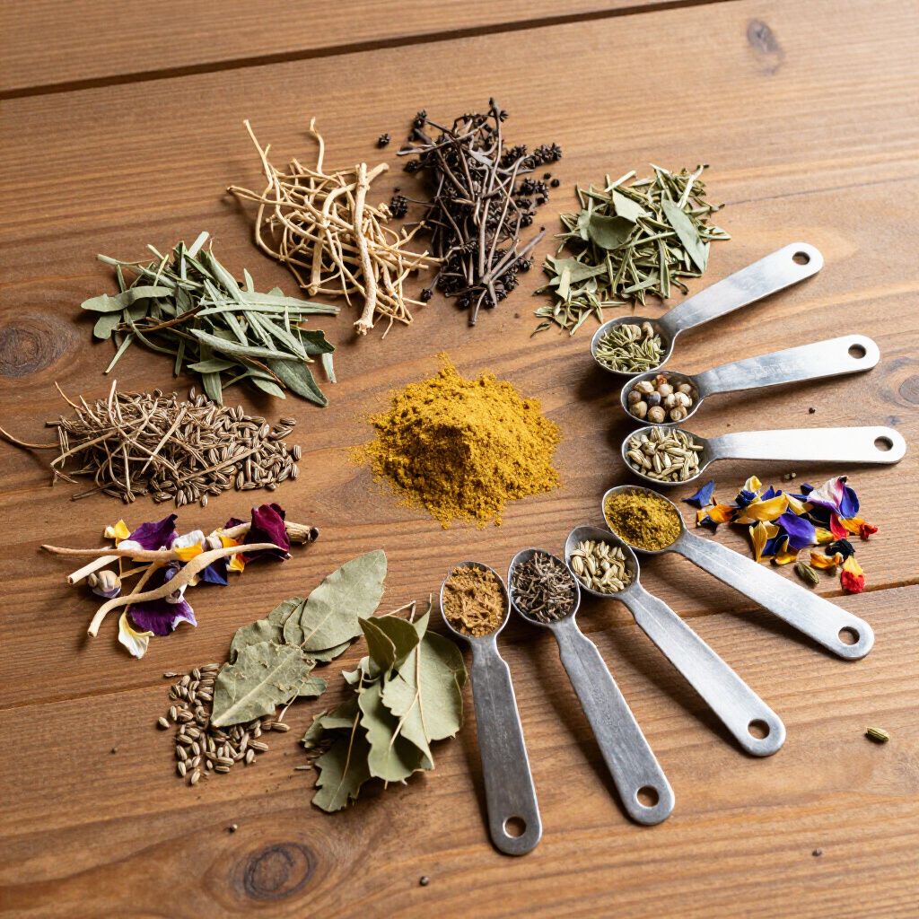 Surtido de hierbas y especias expuestas sobre una superficie de madera, dispuestas de forma circular con cucharas medidoras de metal.