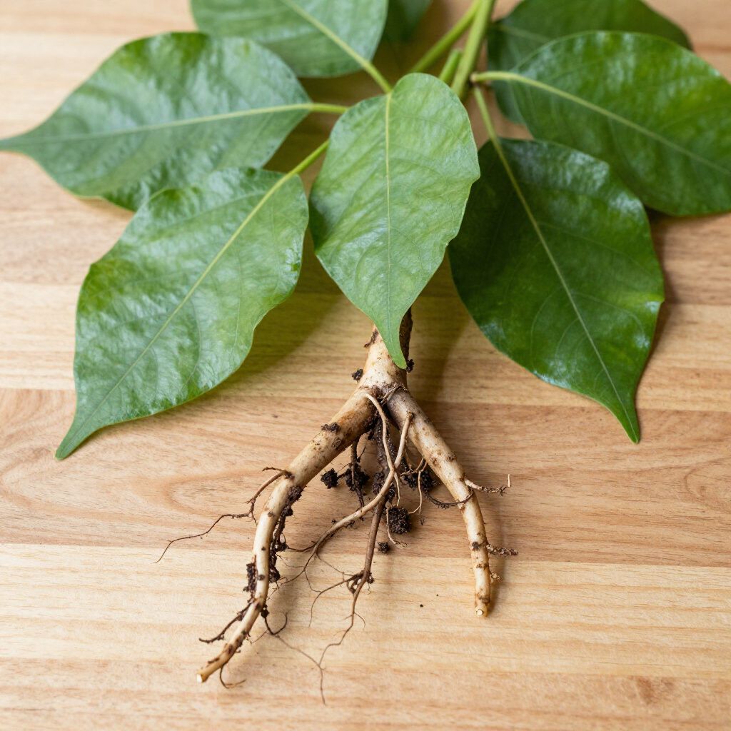 Raíz y hojas de una planta de Ashwagandha verde, sobre una superficie de madera.