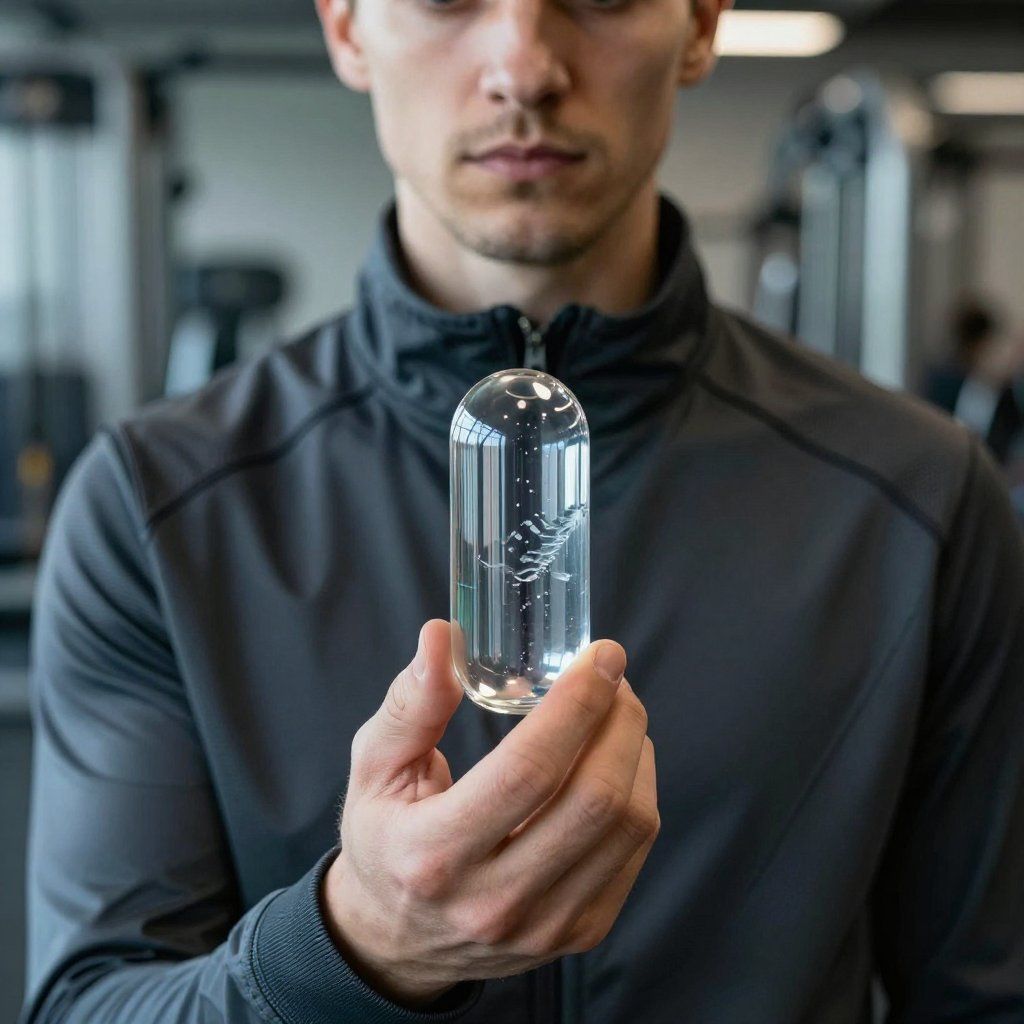 Hombre en un gimnasio sosteniendo un recipiente transparente con forma de pastilla, que posiblemente contenga líquido, frente a él.