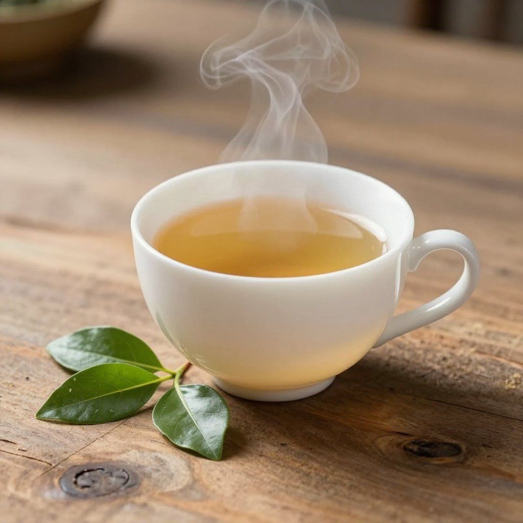 Taza de té blanco humeante sobre una mesa de madera con hojas de té.