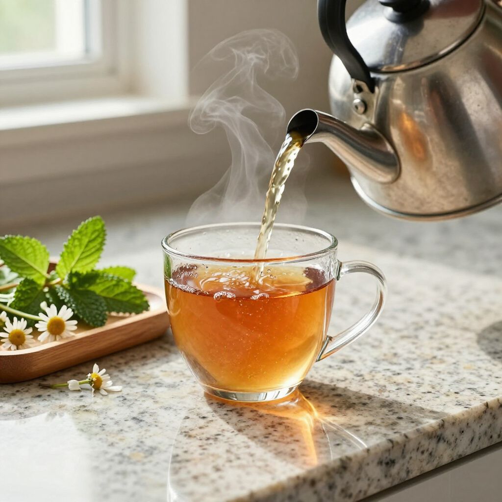 El vapor sale de la tetera hacia una taza de té de cristal, con ramitas de manzanilla y menta cerca.
