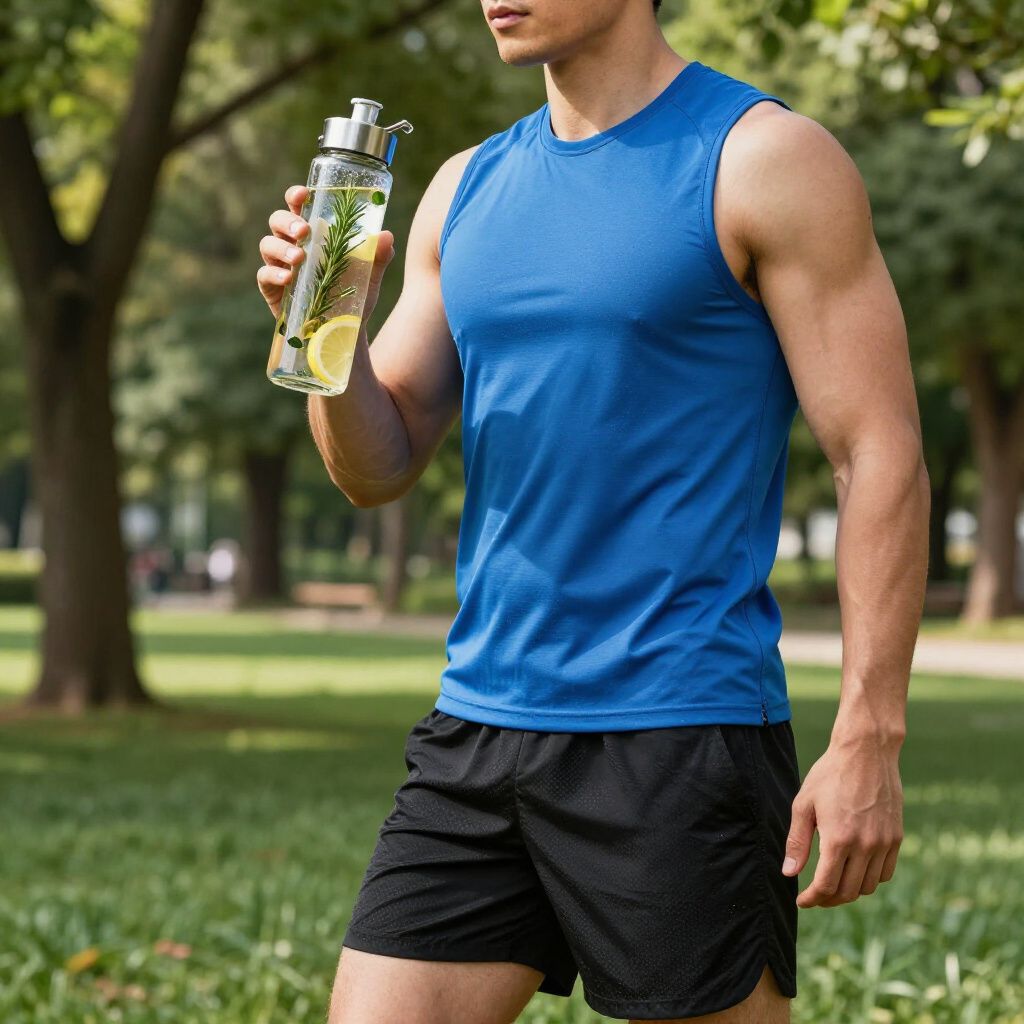 Hombre con camiseta azul y pantalones cortos negros bebiendo de una botella de agua en un parque.