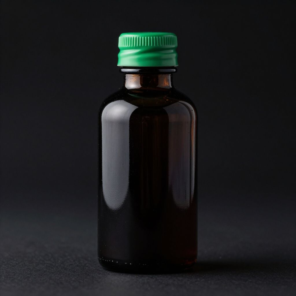 Botella de vidrio ámbar con tapón verde sobre fondo oscuro.