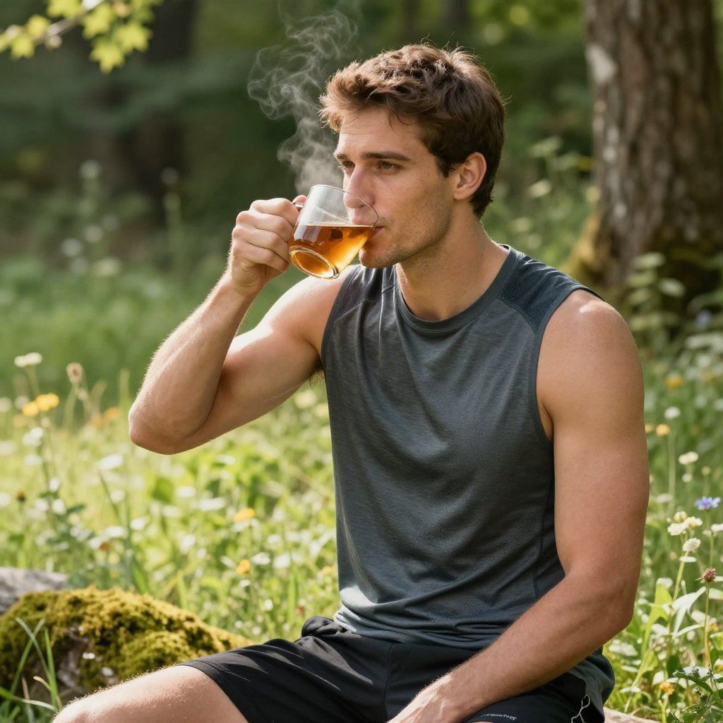 Un hombre toma té en un bosque. Lleva una camiseta gris sin mangas y pantalones cortos negros.