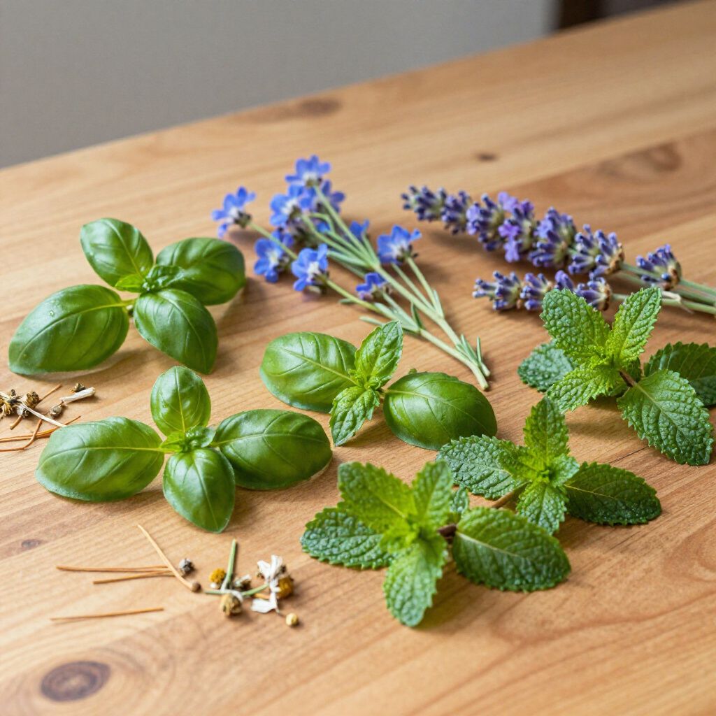 Hierbas frescas: albahaca, menta, lavanda y pequeñas semillas sobre una mesa de madera.
