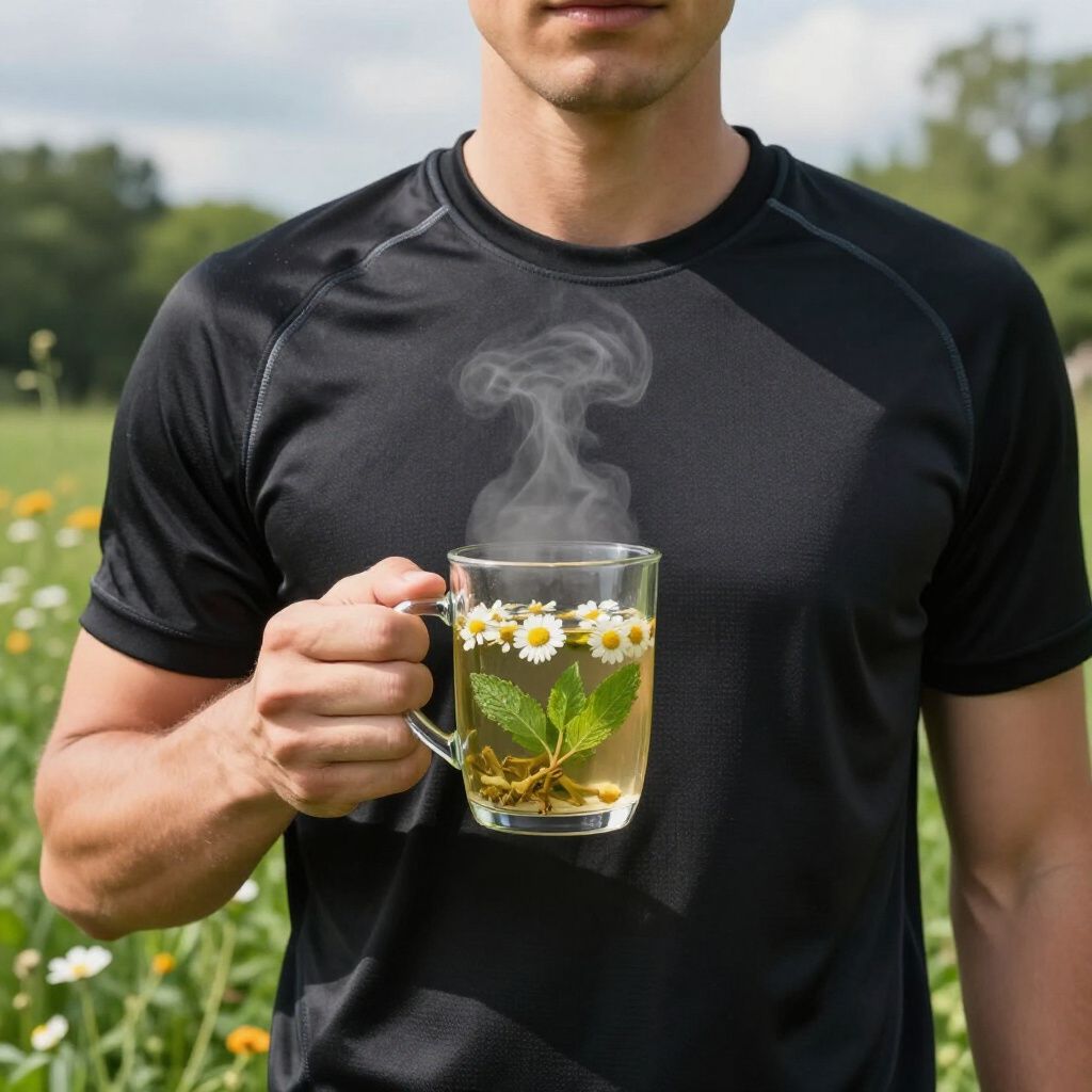 Hombre sosteniendo una taza humeante de té de manzanilla en un campo de flores silvestres.