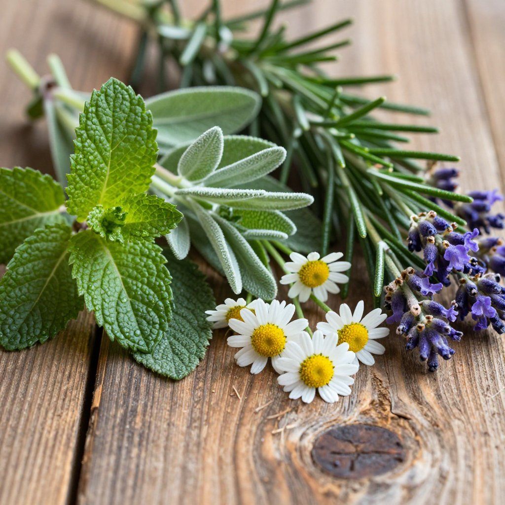 Hierbas frescas y flores de manzanilla sobre tablones de madera desgastados.