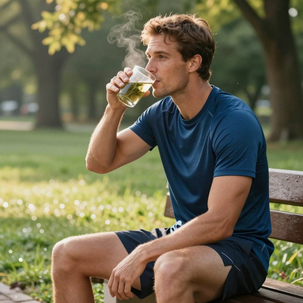 Un hombre bebe una bebida humeante en un parque, vestido con ropa deportiva, sentado en un banco.