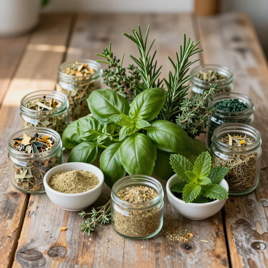 Albahaca fresca y menta rodeadas de frascos y cuencos de hierbas secas sobre una mesa de madera.