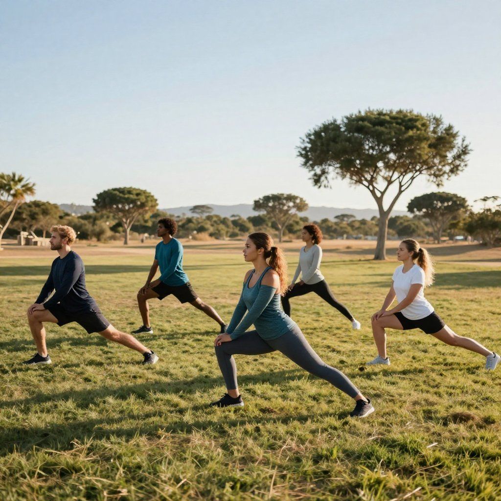 Grupo de personas estirándose al aire libre en un parque.