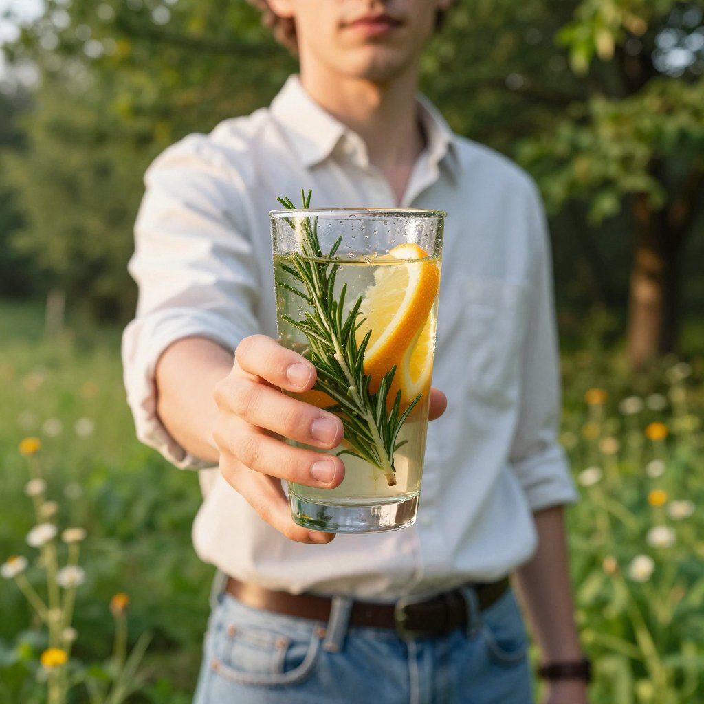 Persona sosteniendo un vaso de agua infusionada con limón y romero en un entorno al aire libre.
