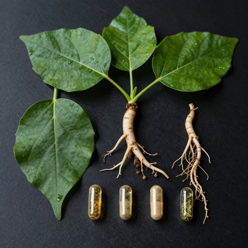Planta de ginseng con hojas, raíces y cápsulas sobre una superficie negra.