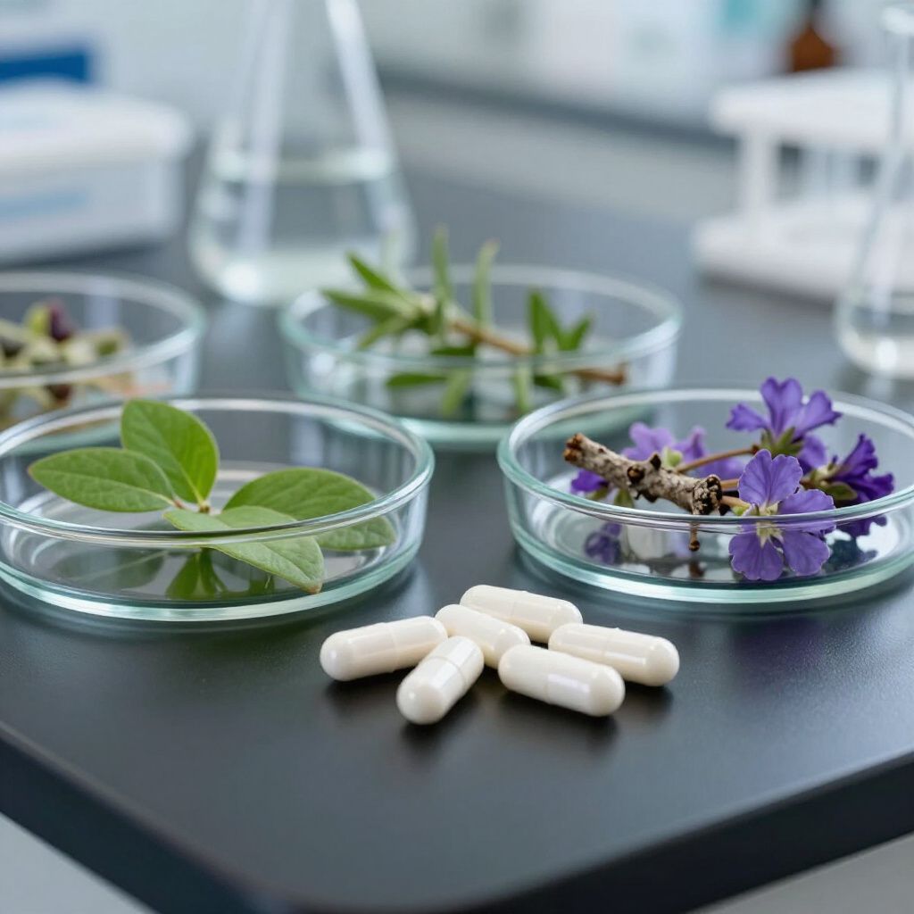 Placas de Petri con plantas y pastillas sobre una mesa de laboratorio.
