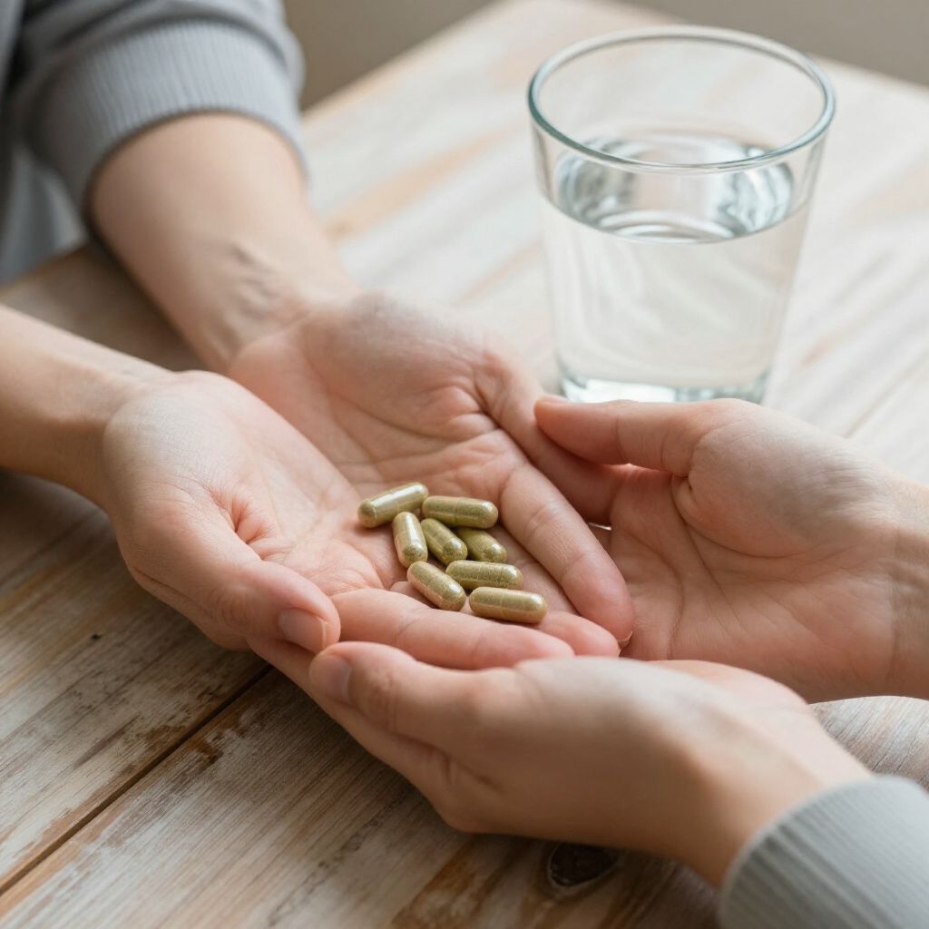 Manos sosteniendo pastillas, pasándolas cerca de un vaso de agua sobre una mesa de madera.