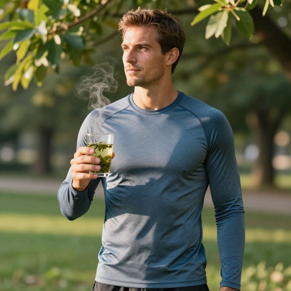 Hombre con ropa deportiva sosteniendo un vaso de té humeante al aire libre, con aspecto pensativo.
