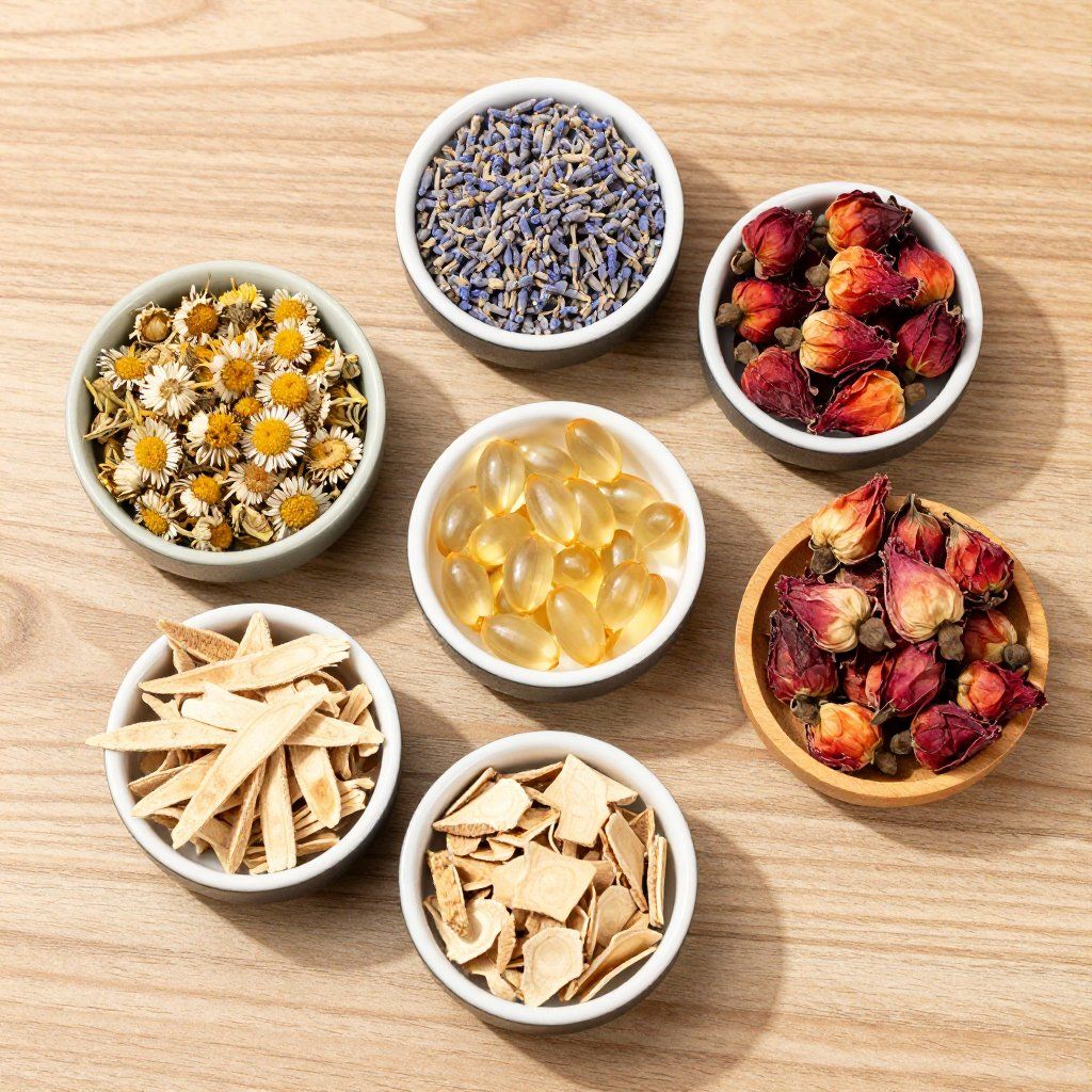 Pequeños cuencos llenos de manzanilla seca, lavanda, capullos de rosa y suplementos sobre una superficie de madera.