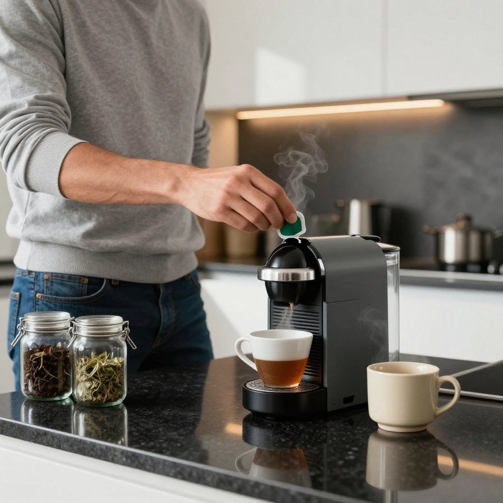 Persona agregando una cápsula de café a una máquina de café de una sola porción en una cocina.