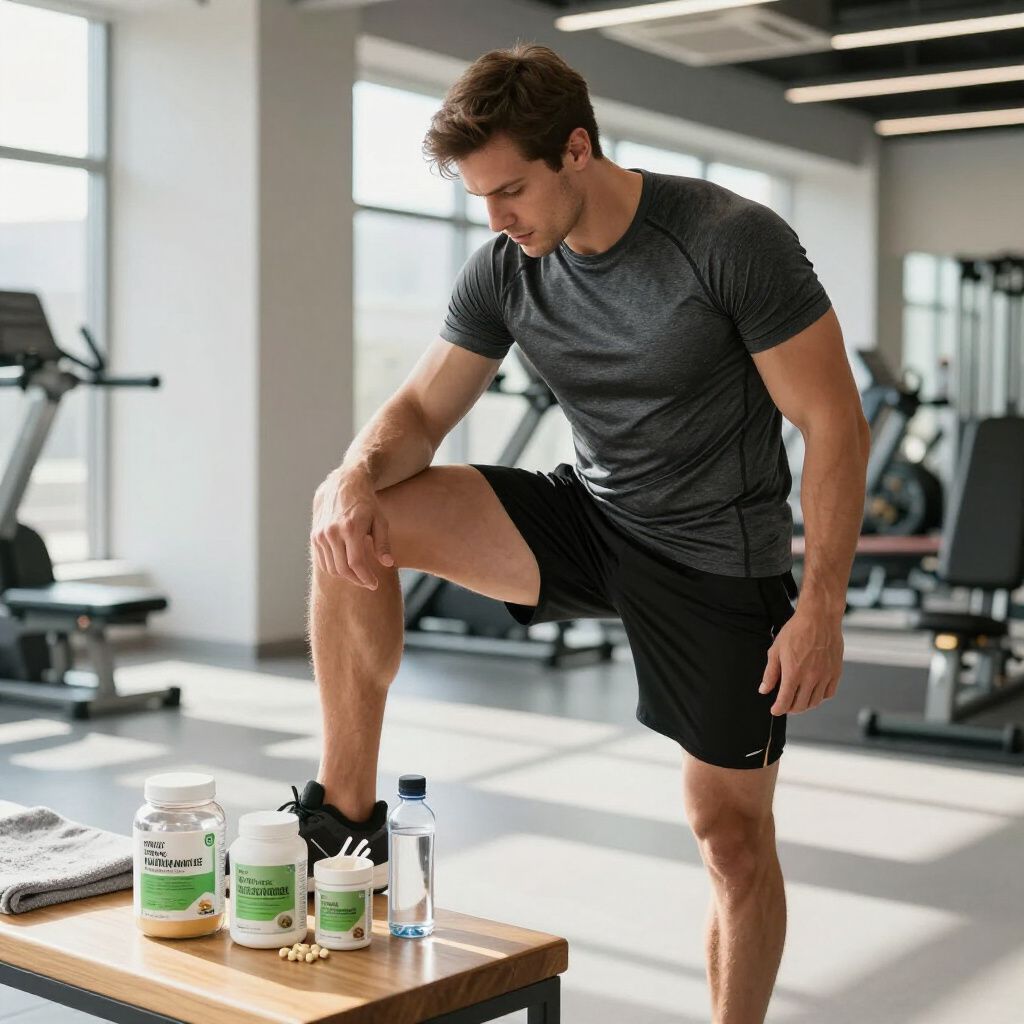 Hombre en el gimnasio con suplementos, apoyando la pierna en el banco.