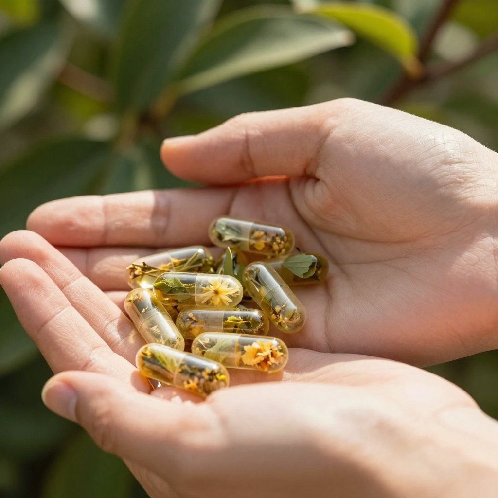 Manos ahuecadas, sosteniendo un puñado de cápsulas transparentes llenas de flores amarillas y hierbas.