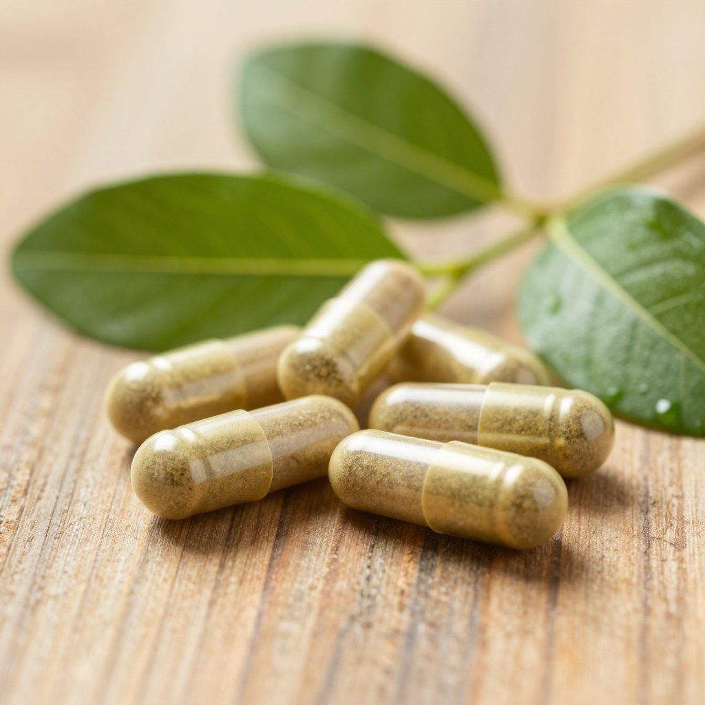 Cápsulas sobre superficie de madera junto a hojas verdes.