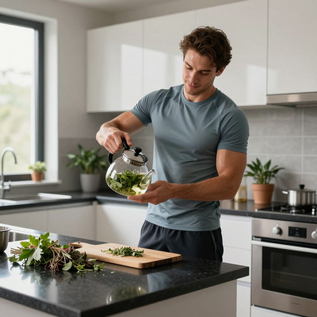 Hombre sirviendo té de una tetera de cristal en una cocina moderna.