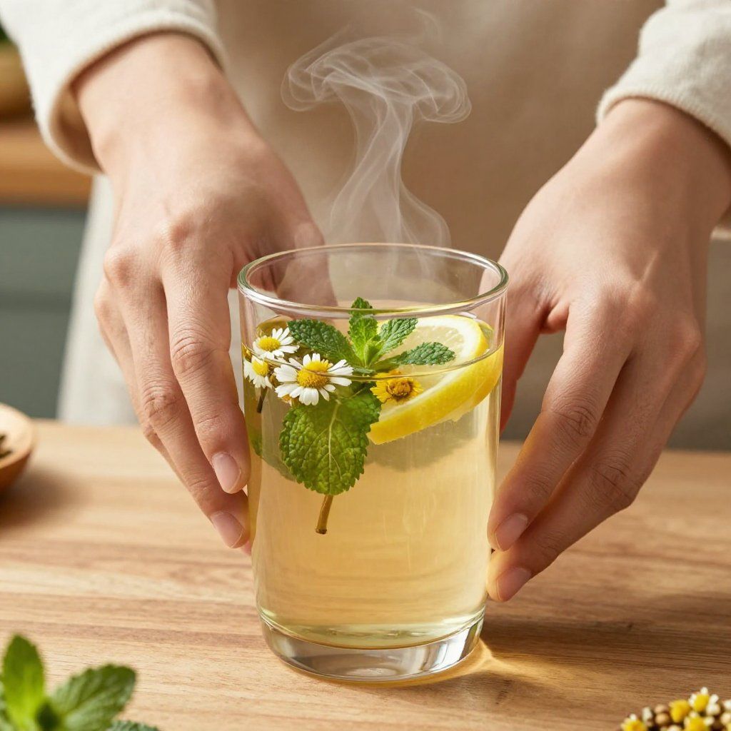 Manos sosteniendo un vaso de té caliente con limón, menta y flores; vapor elevándose.