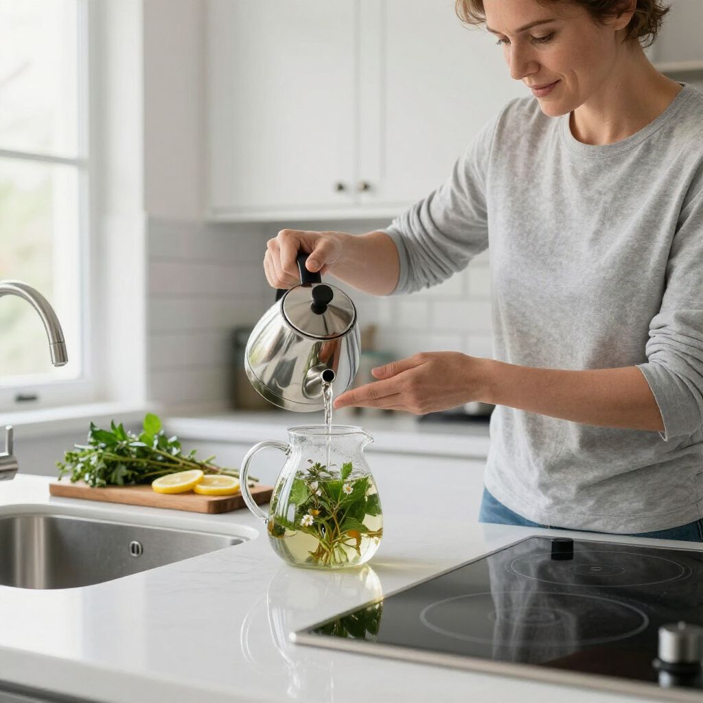 Mujer vertiendo agua caliente de una tetera de acero en una jarra de vidrio con hierbas, en una cocina blanca.