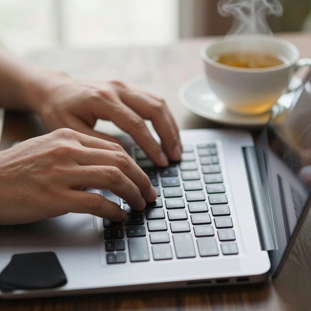 Manos escribiendo en el teclado de una computadora portátil; una taza de té humeante a su lado.
