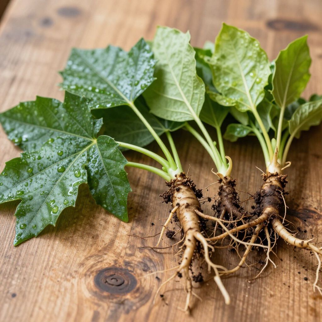 Tres plantas de ginseng con raíces expuestas sobre una superficie de madera. Hojas verdes y raíces de color marrón claro.