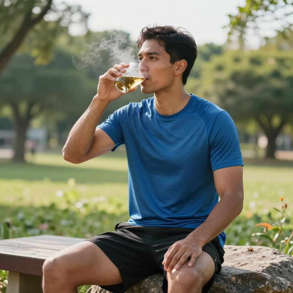 Un hombre bebe de un vaso, mientras sale vapor. Está sentado afuera, con camisa azul y pantalones cortos negros.