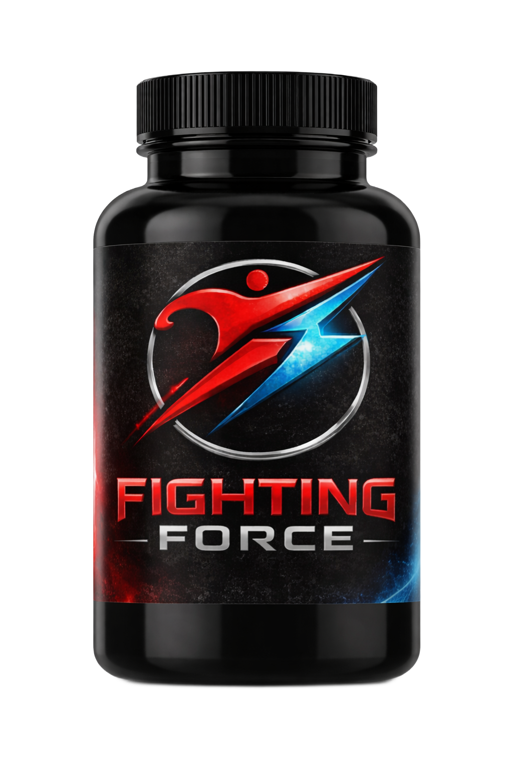 Botella de suplemento negra con el logotipo 