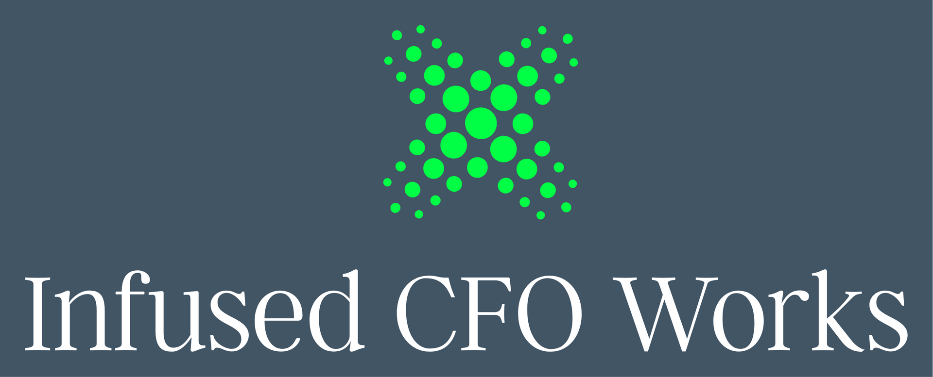 Logo of Infused CFO Works with a green dot X above the text on a dark blue background.