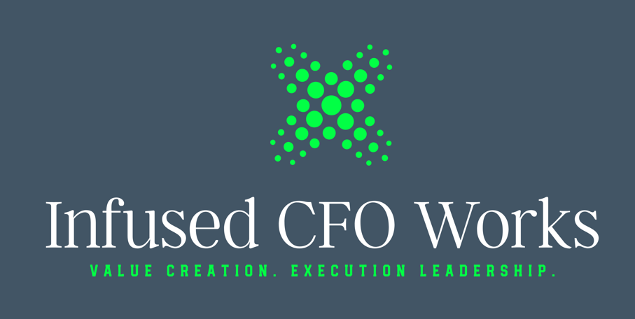 Logo for Infused CFO Works. Green dotted X above white text on a gray background.