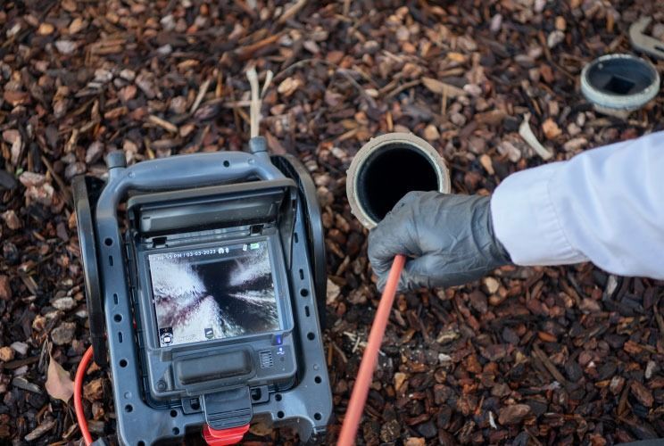 Person in a white sleeve uses a probe near an open pipe beside a black inspection camera on mulch.