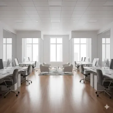 Bright office interior with desks, chairs, and windows; a central seating area with armchairs and a coffee table.