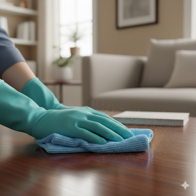 Hands in blue gloves wiping a wooden table with a blue cloth in a living room.