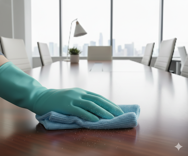 Hand in a green glove wiping a wooden conference table with a blue cloth. Office setting.