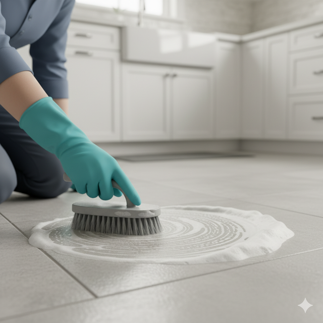 Person scrubbing a soapy tile floor in a white kitchen, wearing a blue glove.
