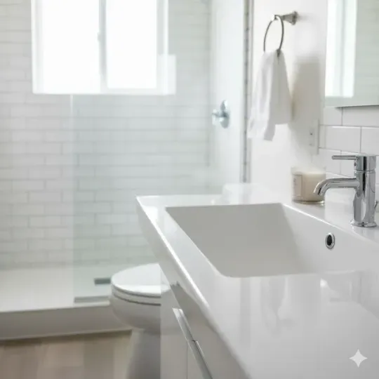 Modern white bathroom with sink, shower, and toilet.