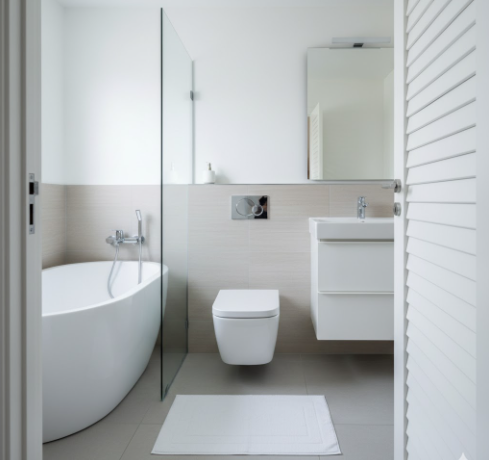 Modern white bathroom with a bathtub, toilet, and sink.